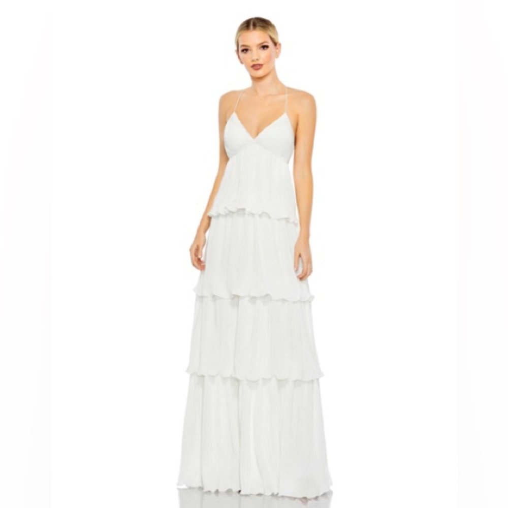 Ieena MacDuggal Spaghetti Strap Ruffle Layered Maxi Dress in White